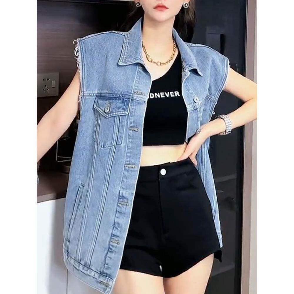 好货蓝色无袖牛仔马甲外套女春秋新款韩版设计感时尚中长款背心马