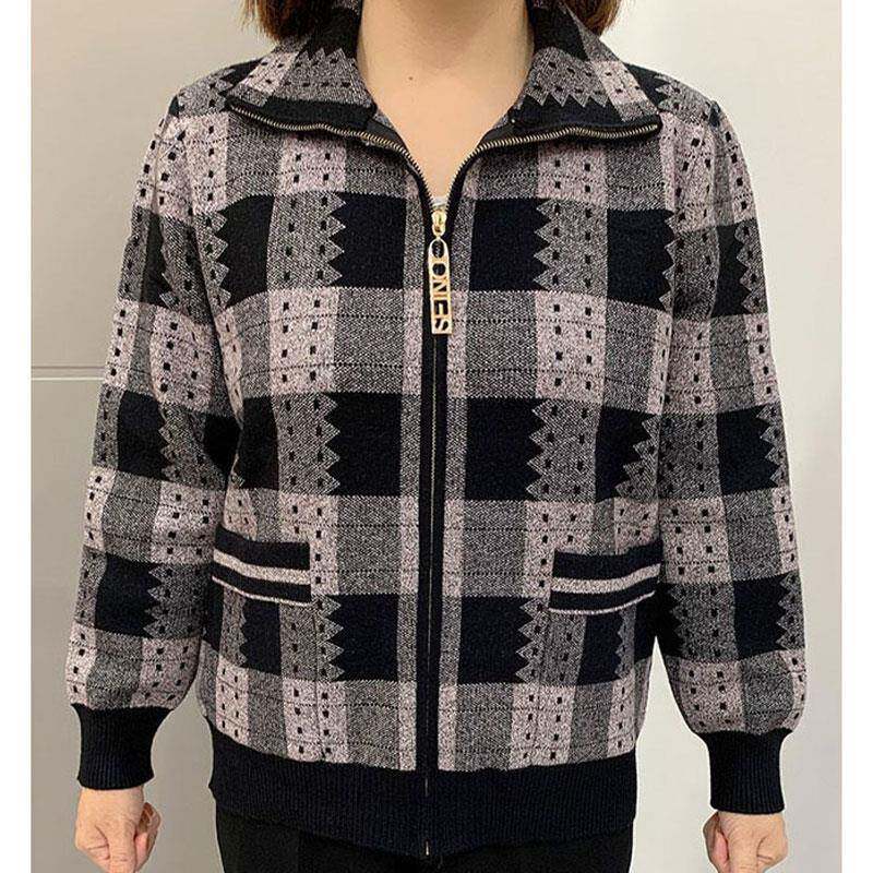 好货2026秋季新款双兜格子拉链短外套女士大码宽松百搭中老年妈妈