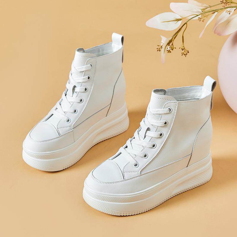 新品高帮鞋女春季内增高9cm真皮厚底松糕鞋小个子小码34休闲马丁
