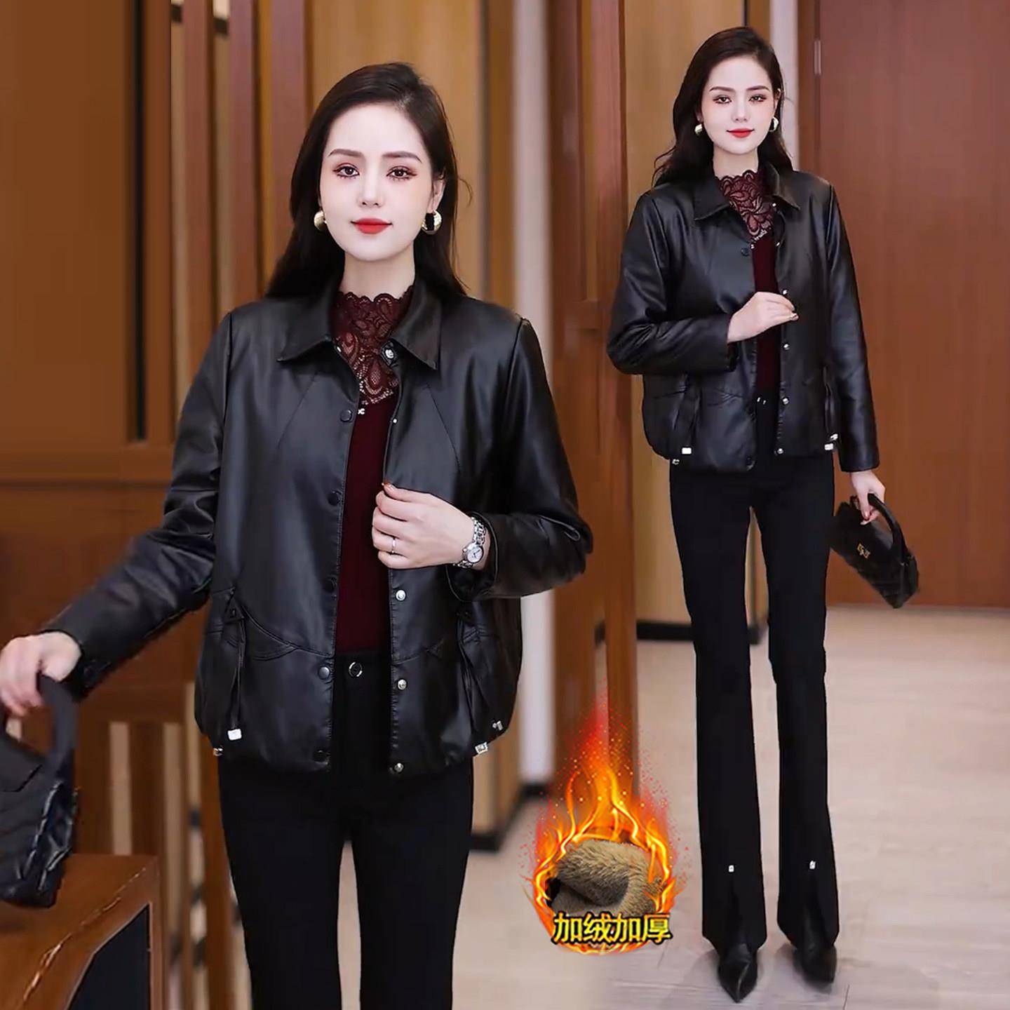 好货时尚加绒加厚短款皮衣外套女冬季新款洋气宽松显瘦保暖PU皮夹