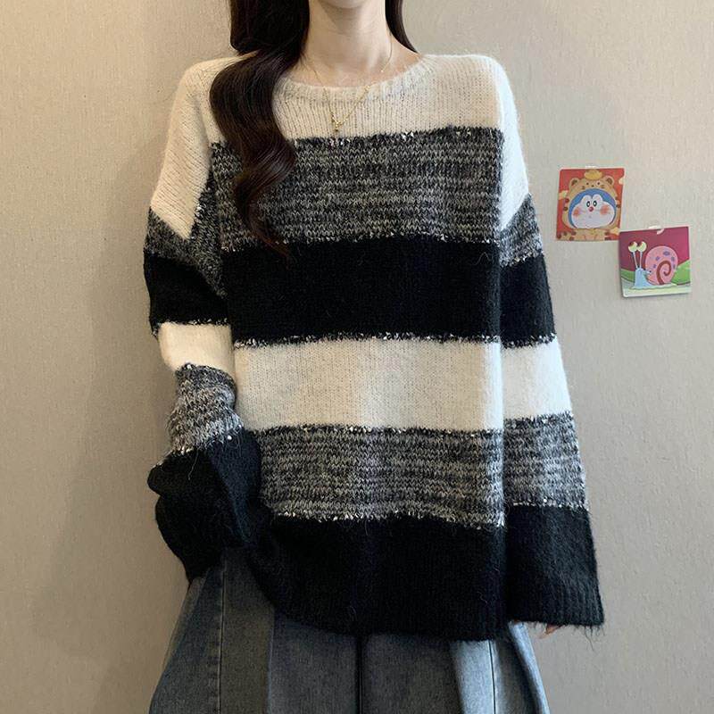 好货大码复古撞色条纹亮片圆领长袖毛衣女秋冬季胖MM宽松遮肉针织