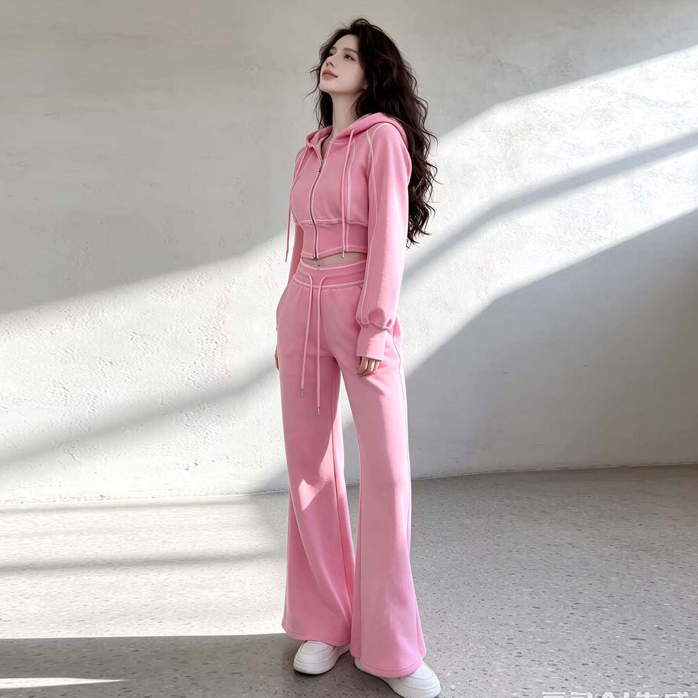 好货粉色高级感休闲运动套装女2026秋季显瘦气质拉链卫衣喇叭裤两