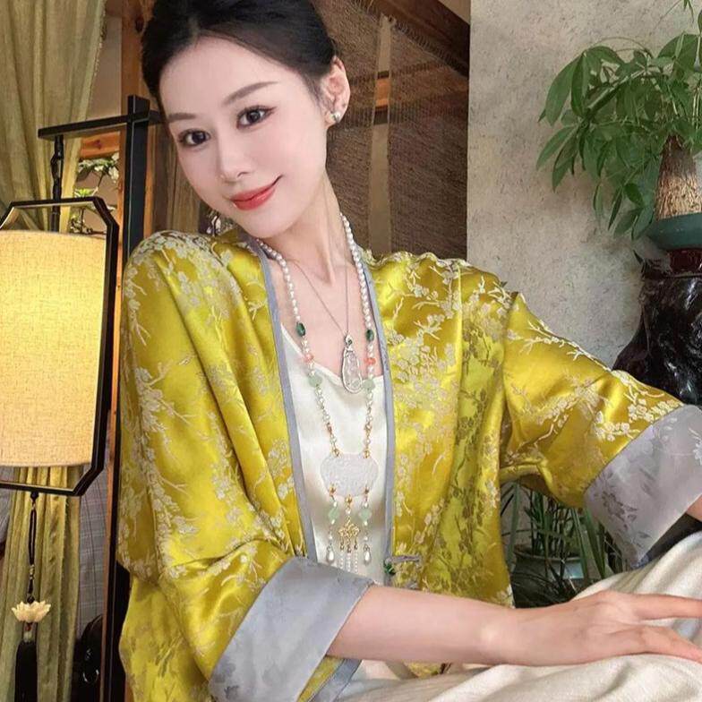 好货新中式国风提花盘扣外套女春秋改良唐装黄色上衣长袖宽松防晒