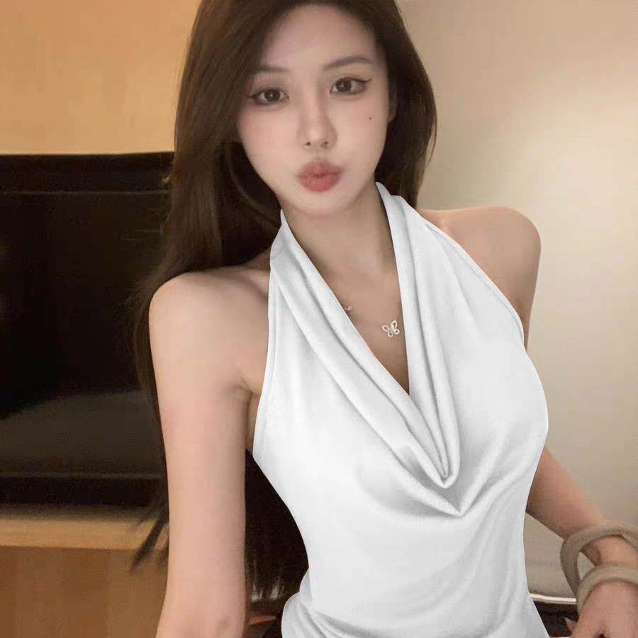 好货气质蓝色荡领挂脖吊带背心女春季修身显瘦打底设计感无袖上衣