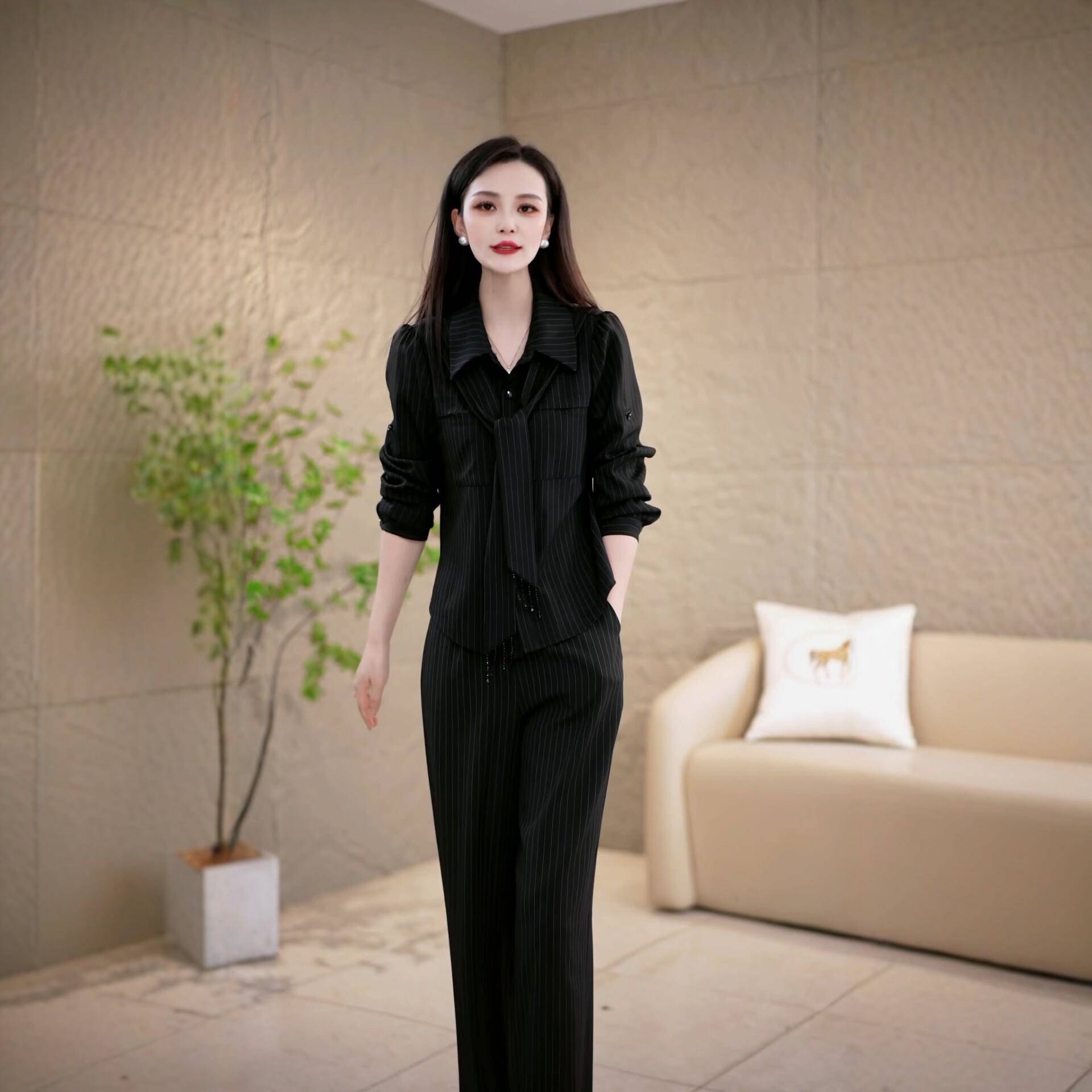 好货黑色条纹时尚套装女2026秋季新款气质显瘦翻领阔腿裤妈妈装两