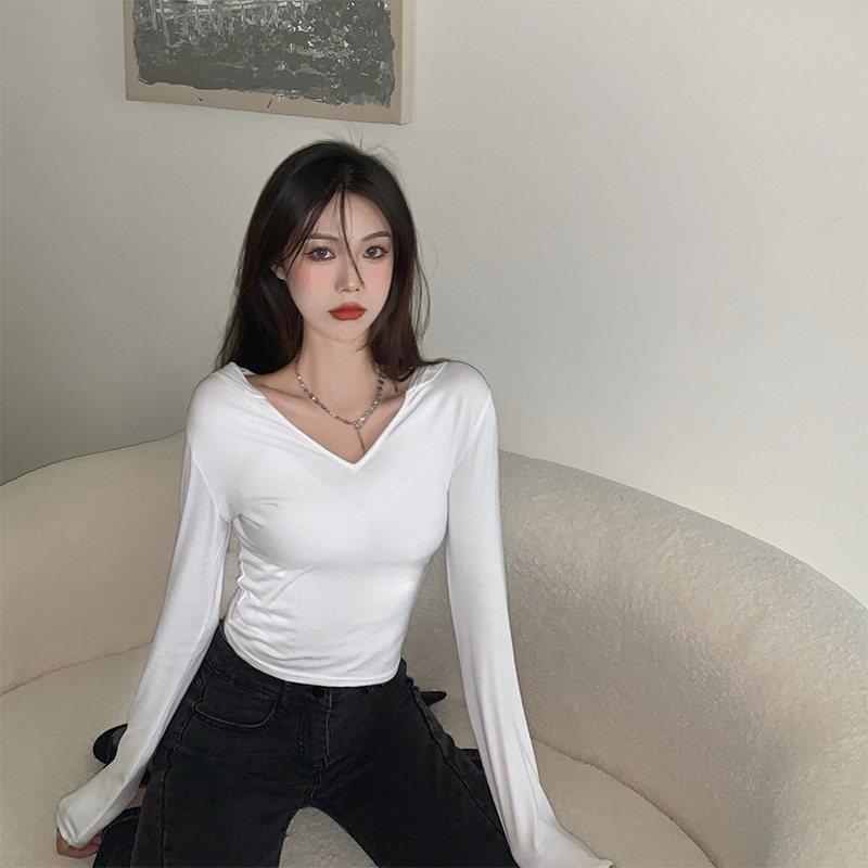 好货轻欧美紧身长袖v领显瘦短款上衣2026年新款女春季辣妹连帽t恤