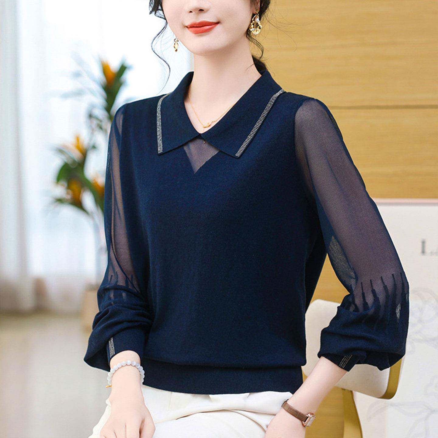 好货长袖拼接网纱翻领烫钻针织衫女2026秋季新款宽松显瘦洋气妈妈