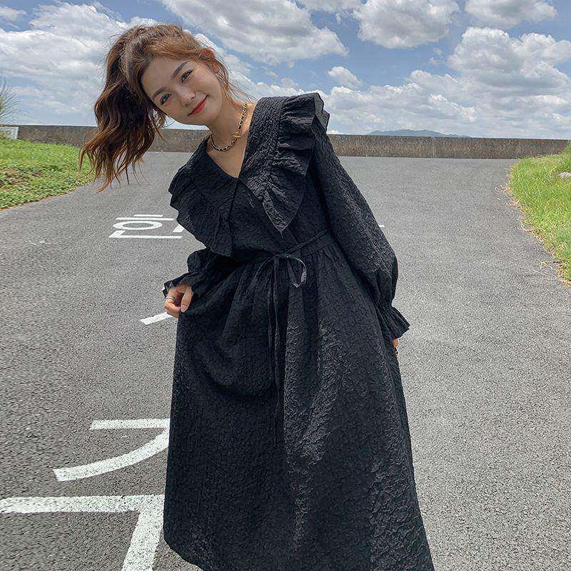 好货大码女装300斤韩系荷叶边V领连衣裙胖mm秋季宽松炸街时尚中长