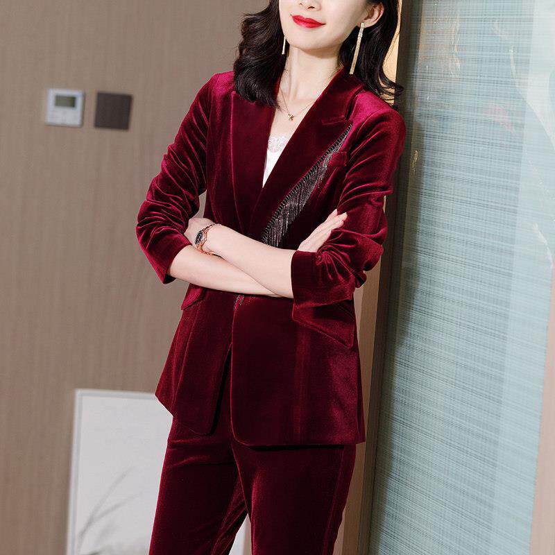 好货2026春装红色金丝绒西装套装女职业气质总裁年会丝绒小西服外