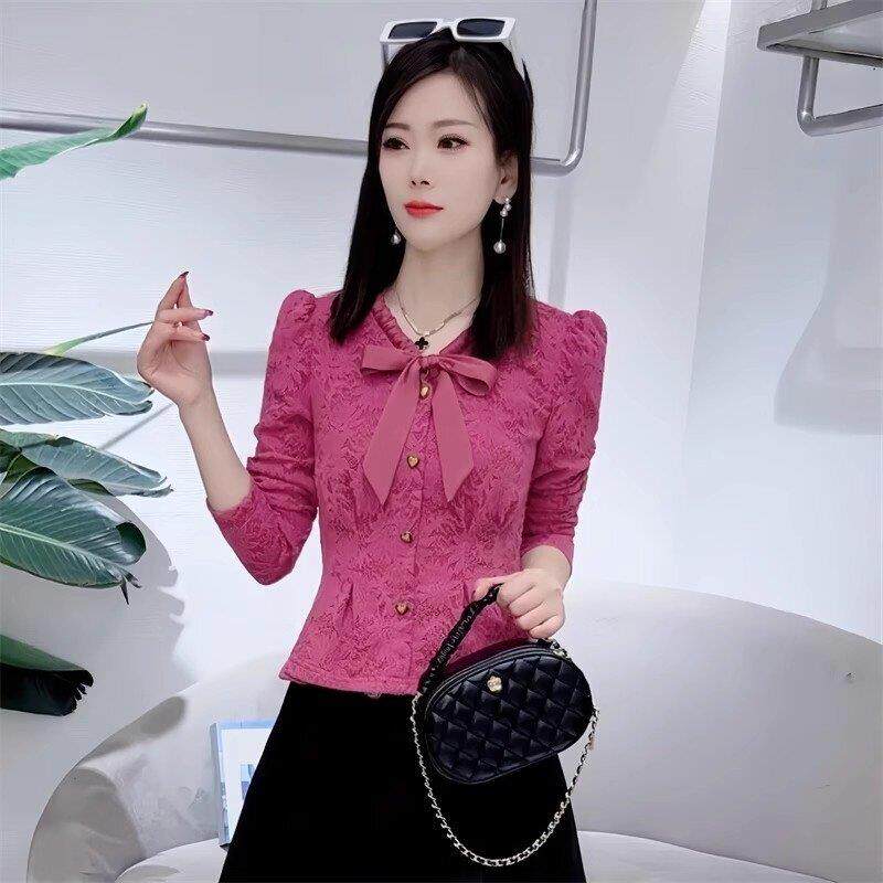 好货法式长袖蝴蝶结蕾丝打底衫女秋冬装洋气小个子加绒加厚甜美上