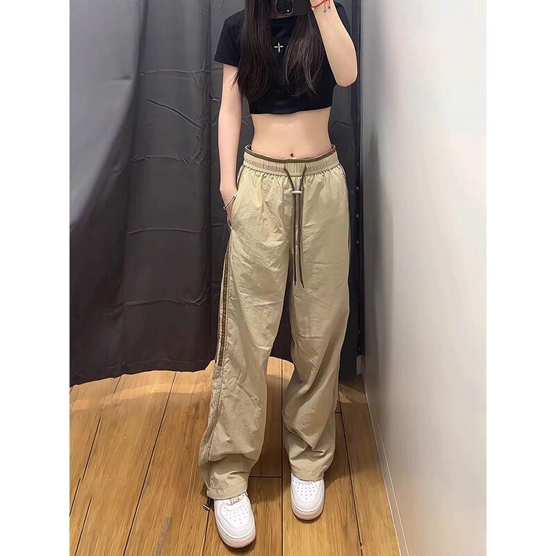 好货卡其色速干工装裤女早秋欧货小个子冰丝高腰垂感条纹裤子运动