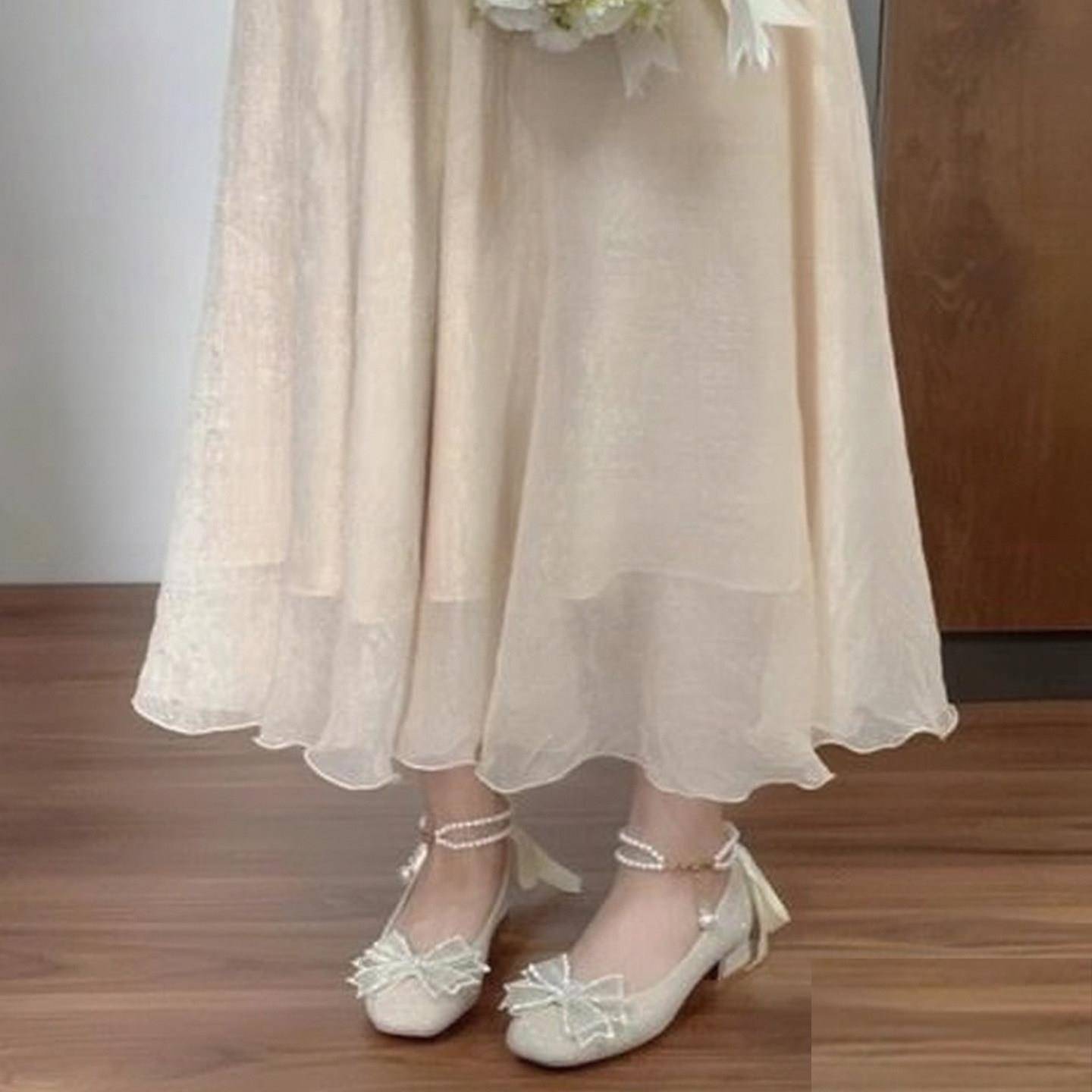 好货法式平底婚鞋新娘鞋绝美粗跟不累脚孕妇大码低跟配裙子礼服婚