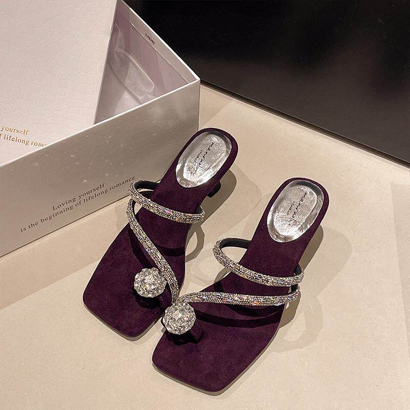 新品细跟套趾凉拖鞋女夏外穿时尚水钻夹脚配裙子夏天外出方头高跟