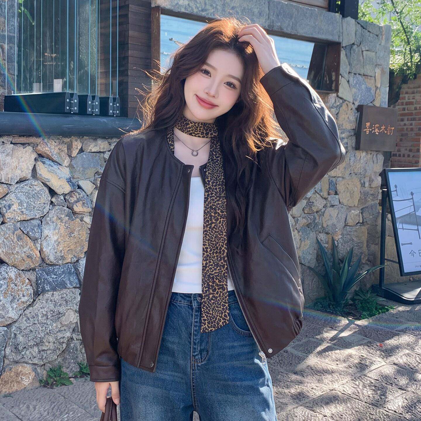 好货氛围感豹纹飘带拼接皮衣女2026秋季新款宽松小个子百搭夹克短