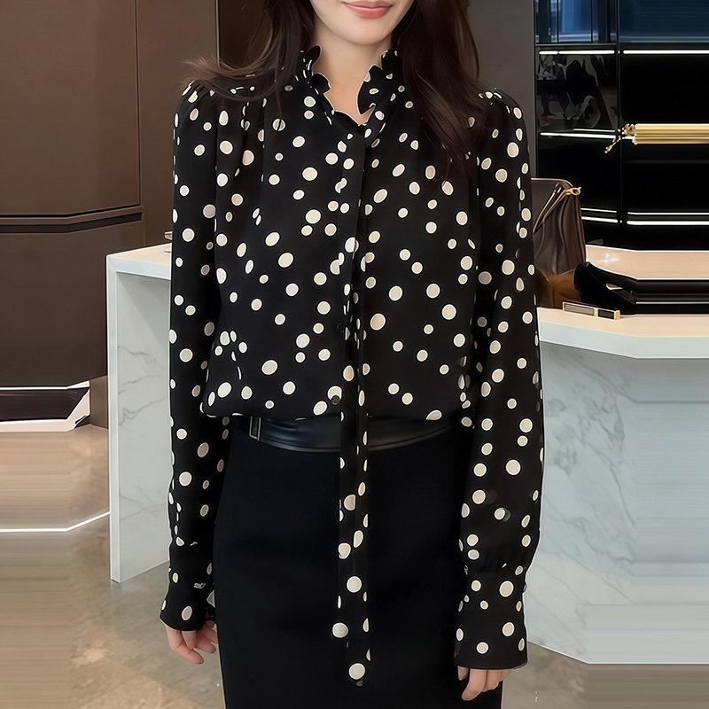好货轻奢风黑色波点衬衫女2026年春季新款设计感飘带显瘦减龄长袖