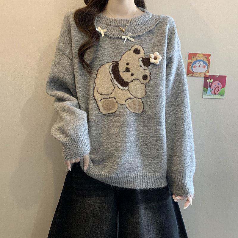 好货大码甜美荷叶边拼接圆领长袖毛衣秋冬季胖MM宽松遮肚子女装打