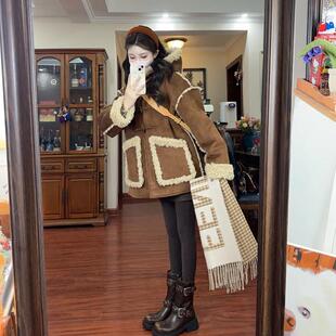 推荐羊羔毛皮毛一体外套女连帽2025冬季新款加厚麂皮绒仿皮草加绒