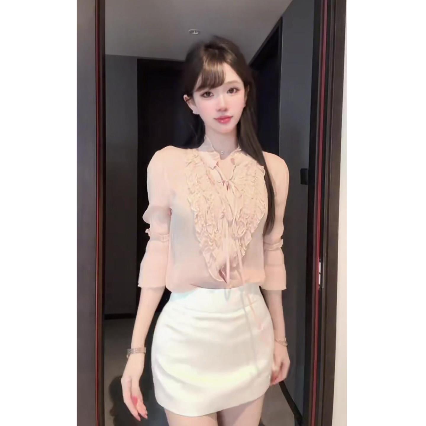 好货木耳边系带雪纺衫女2026春季新款粉色甜美减龄显瘦上衣爆款小