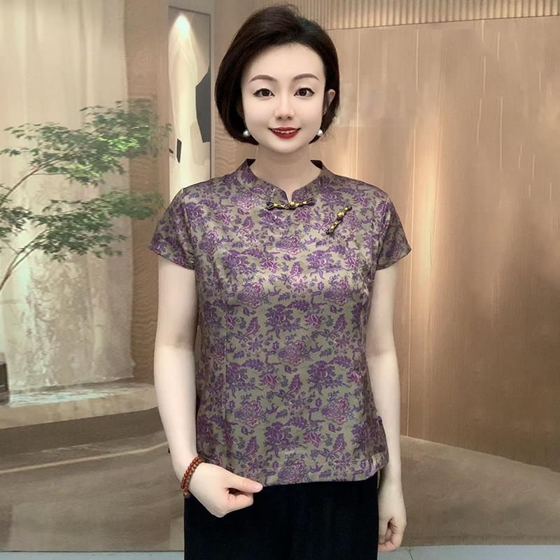 好货中老年妈妈装新中式立领印花短袖衬衫女复古盘扣国风上衣紫色