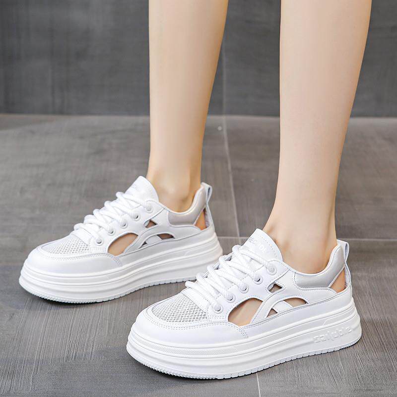 新品踩屎感真皮镂空网面小白鞋女款2026新款夏季透气34码洞洞包头