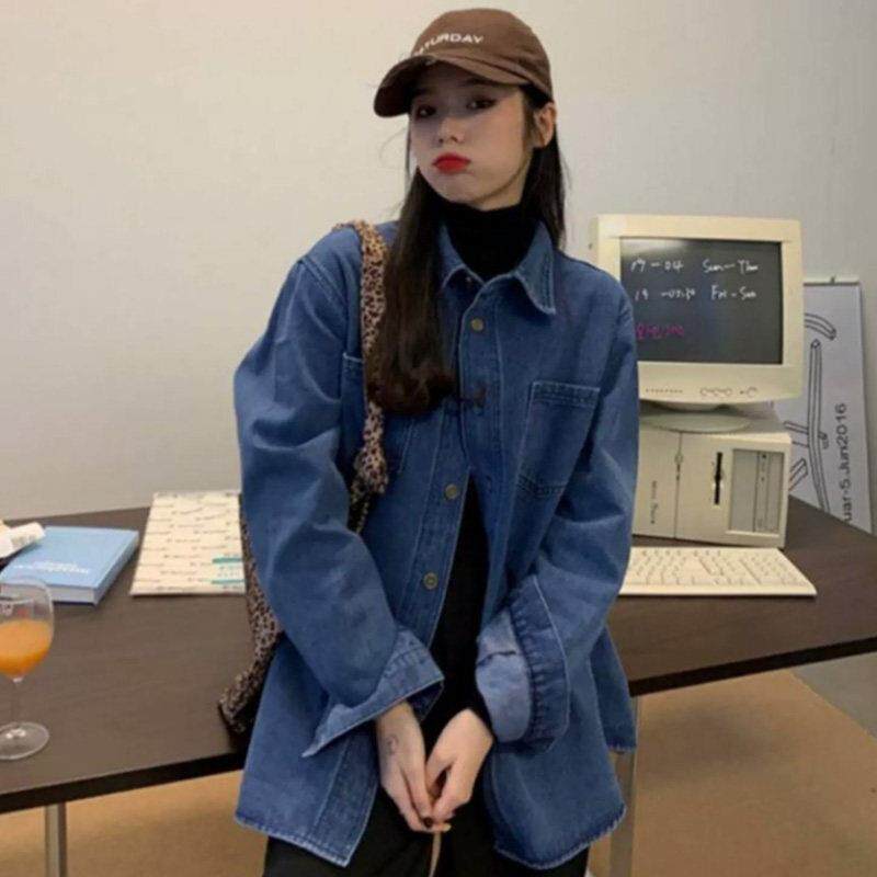 好货韩版休闲牛仔衬衫女蓝色牛仔外套女春秋港风百搭宽松叠穿外穿