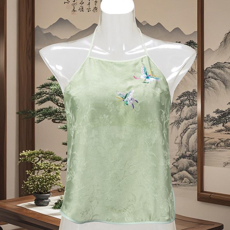 新品真丝古代肚兜女性感中国风睡衣桑蚕丝绸刺绣花露背式吊带挂脖