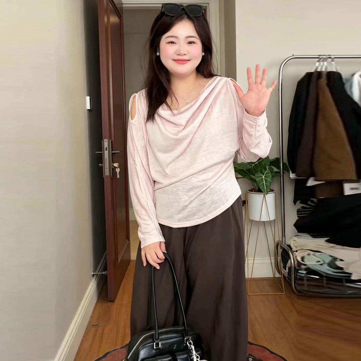 好货大码轻熟风荡领露肩长袖T恤女秋季胖mm显瘦设计感松弛风百搭