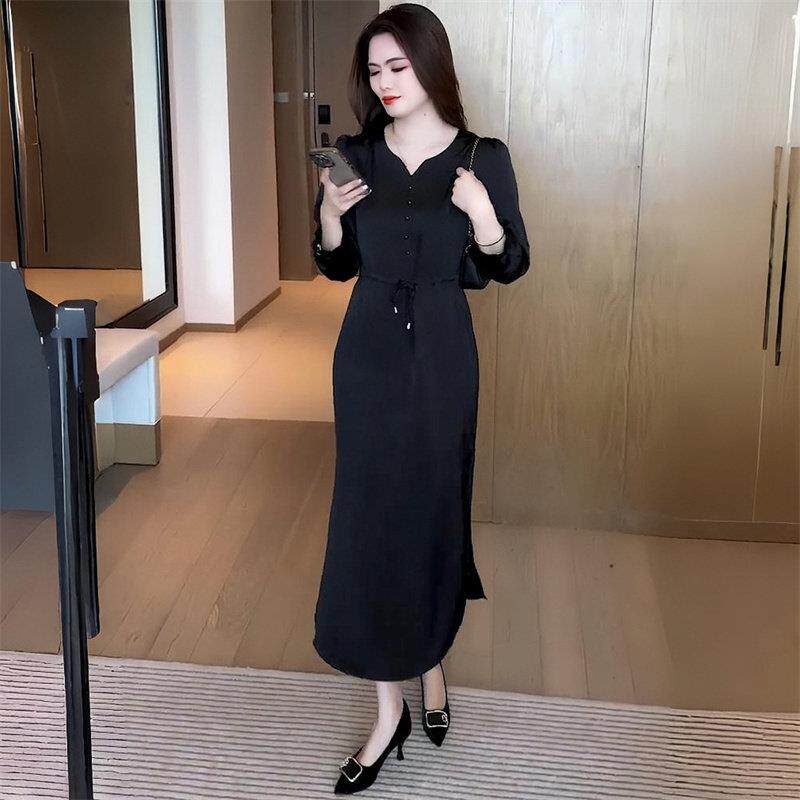 好货时尚复古长袖连衣裙女春秋新款收腰显瘦A字裙气质优雅减龄中