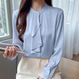 推荐高级感职业气质飘带衬衫女长袖2025秋季新款通勤时尚缎面立领