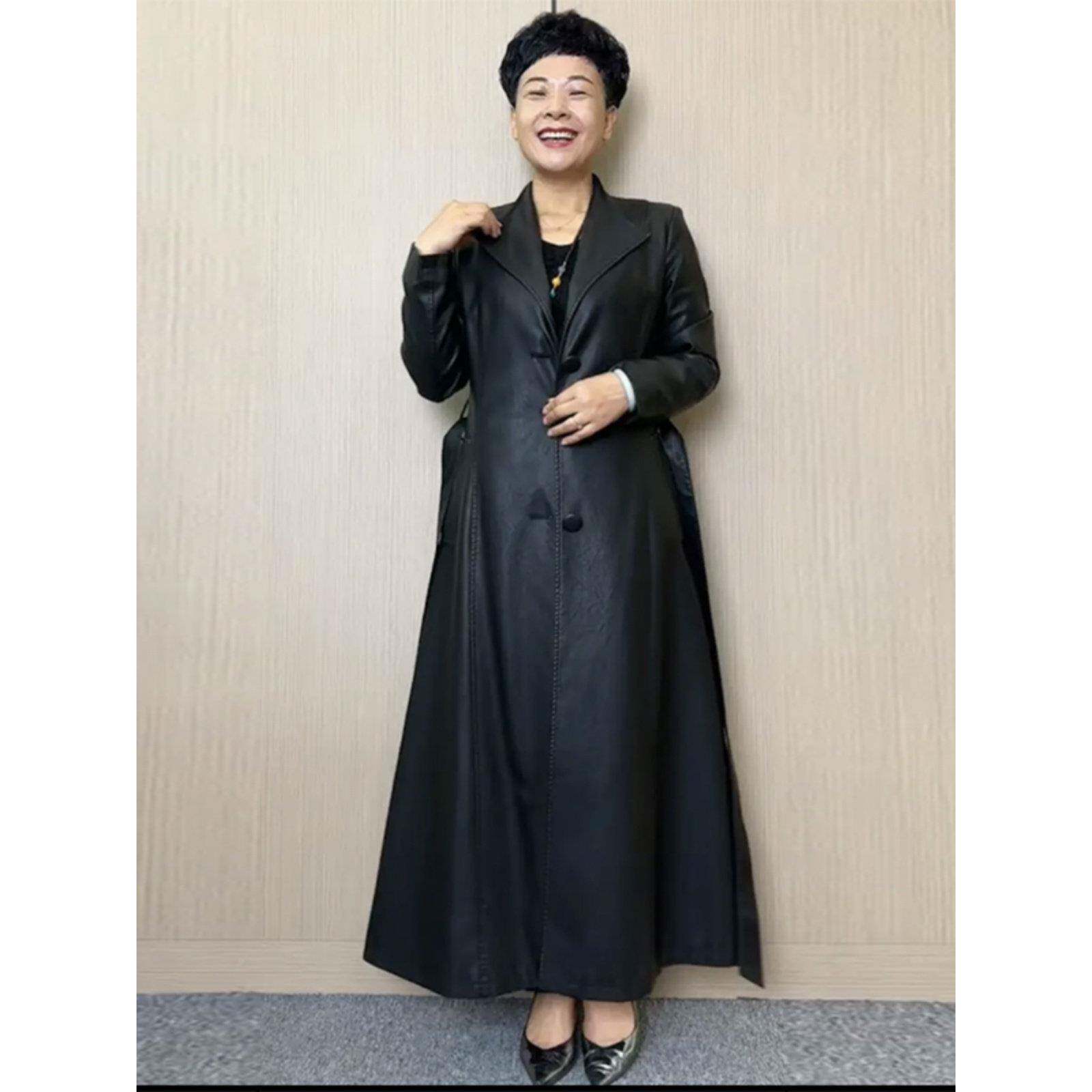 好货秋冬新款皮衣气质妈妈修身显瘦翻领大码流行过膝长款PU皮外套