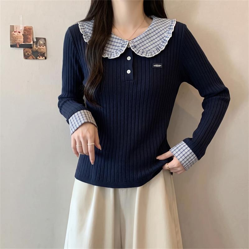 好货大码韩系格子娃娃领长袖上衣女秋冬季胖MM宽松显瘦百搭针织打
