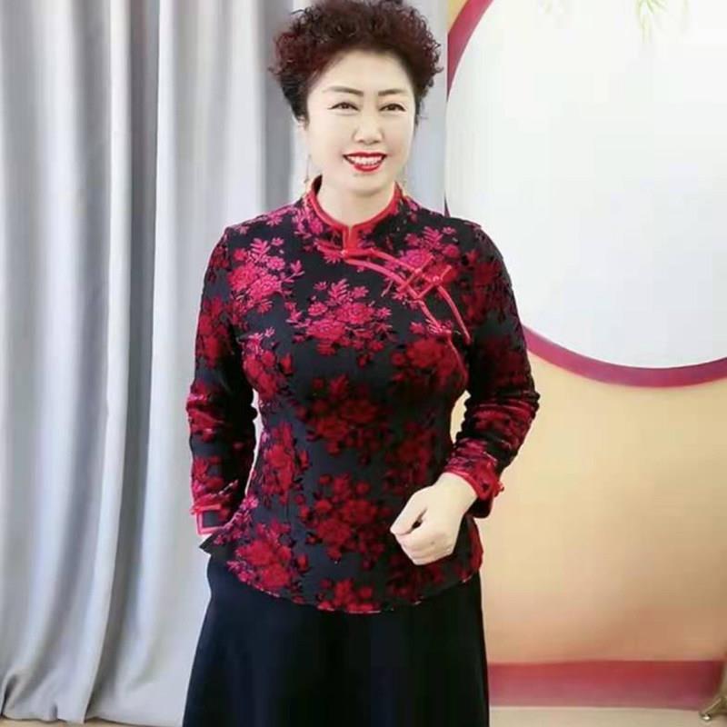 好货中老年妈妈上衣女植绒烧花民族秋冬新款显瘦大码时尚盘扣旗袍