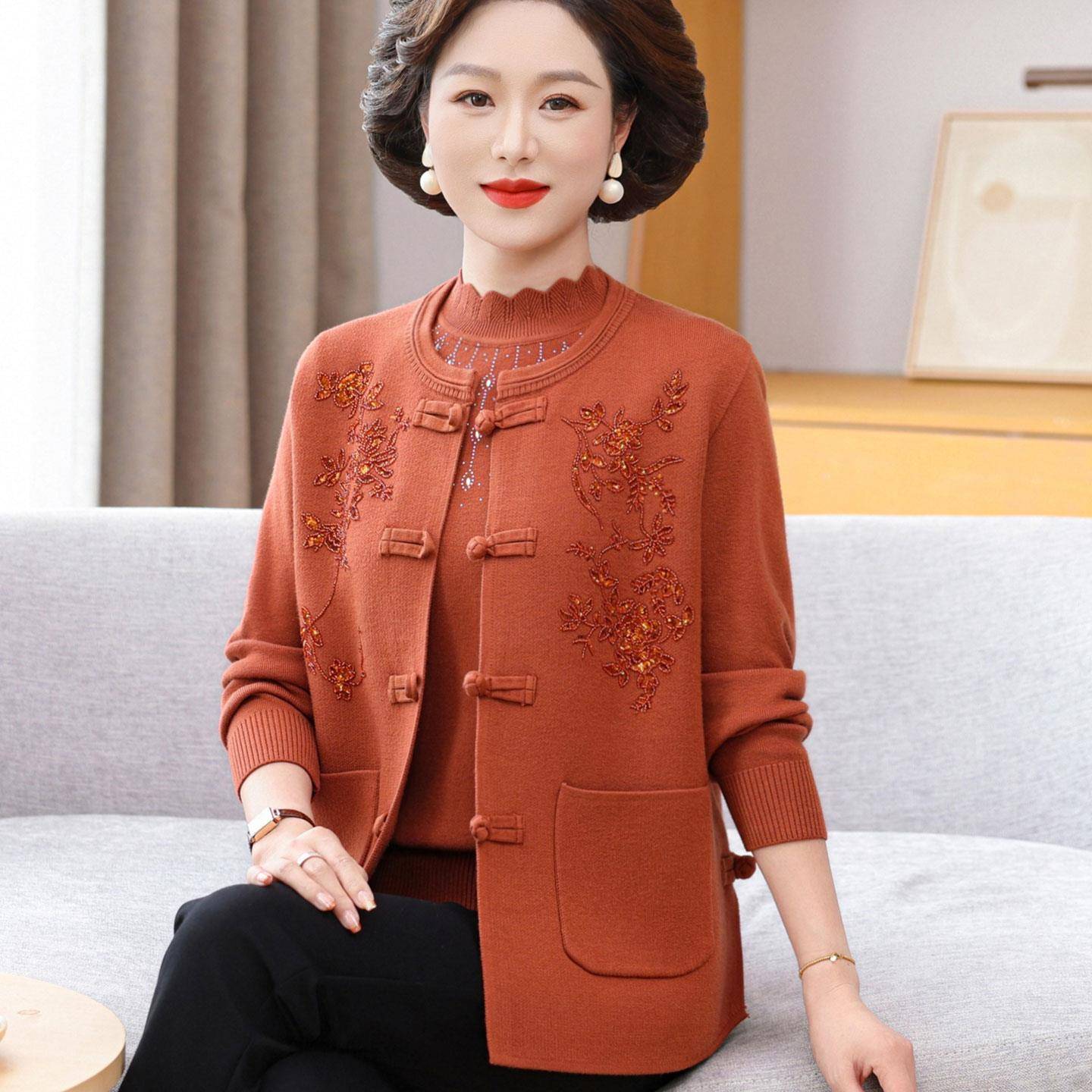 好货妈妈装秋装新中式针织上衣两件套中老年女装马夹外套内搭毛衣