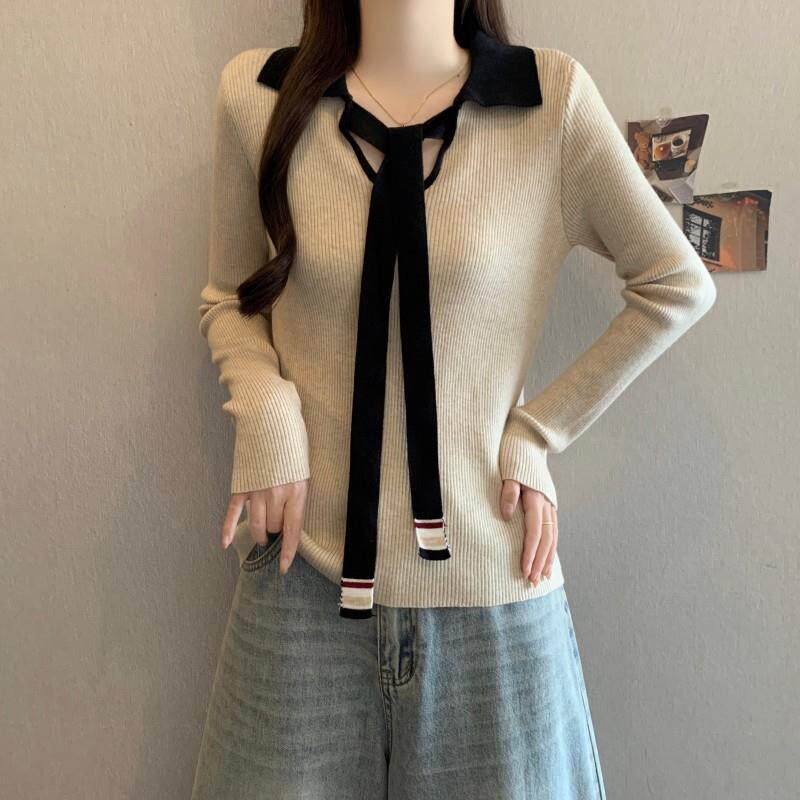 好货大码韩版撞色系带镂空V领长袖上衣女秋冬季胖MM宽松遮肚子打