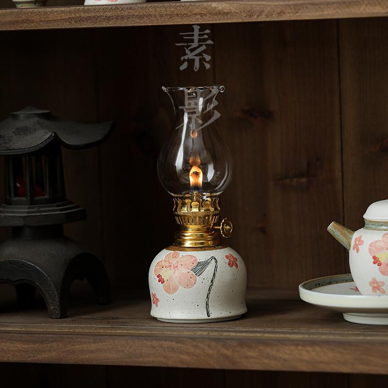 新品素影新年摆件剔花煤油灯家居陶瓷装饰品香氛茶室复古灯盏极素