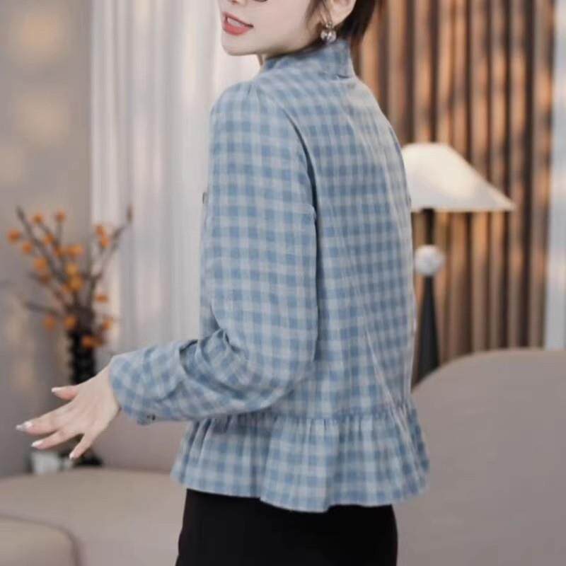 好货复古格纹POLO领长袖衬衫女秋季大码胖mm通勤风荷叶边宽松显瘦
