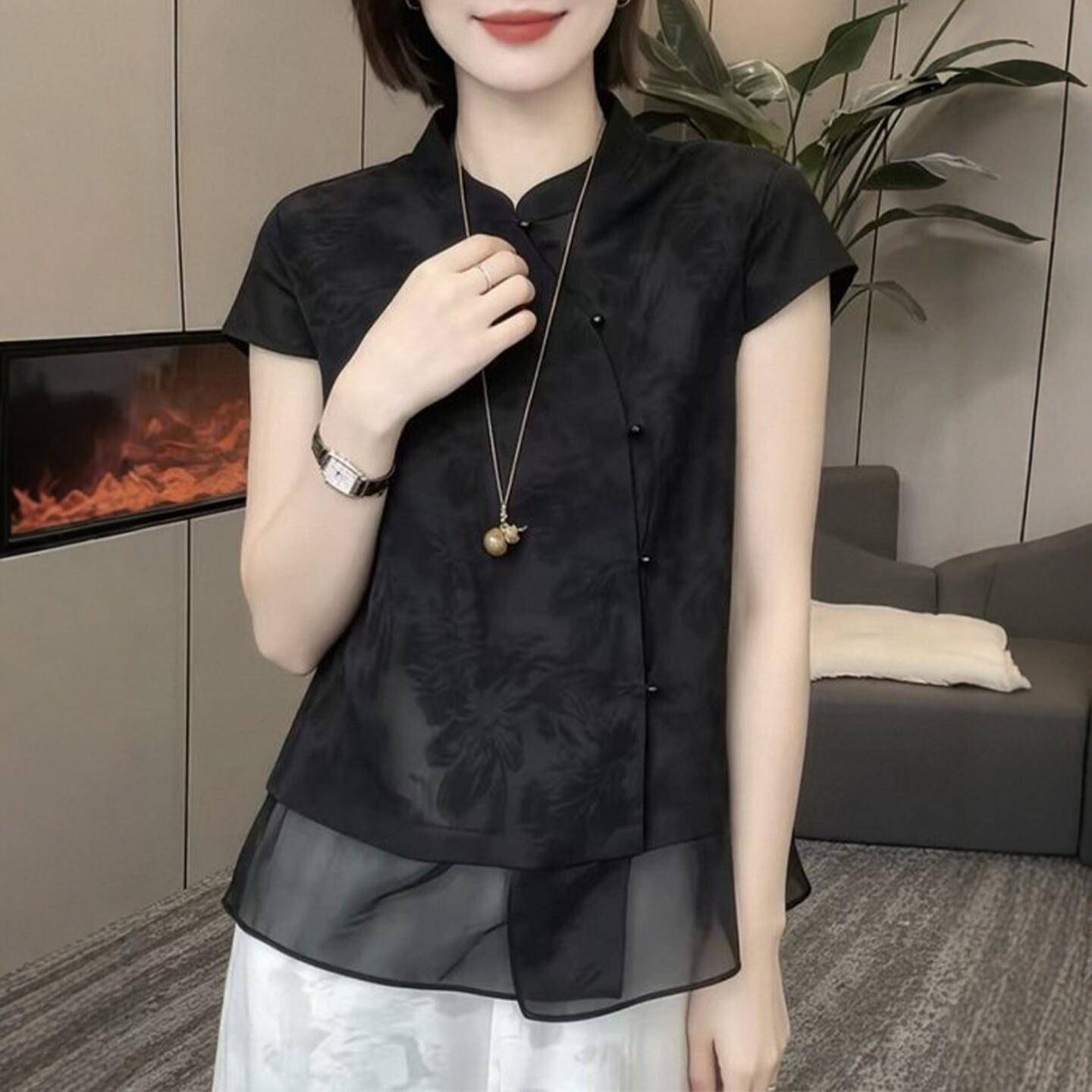 好货新中式国风黑色立领短袖假两件衬衫女Q中老年休闲百搭宽松上
