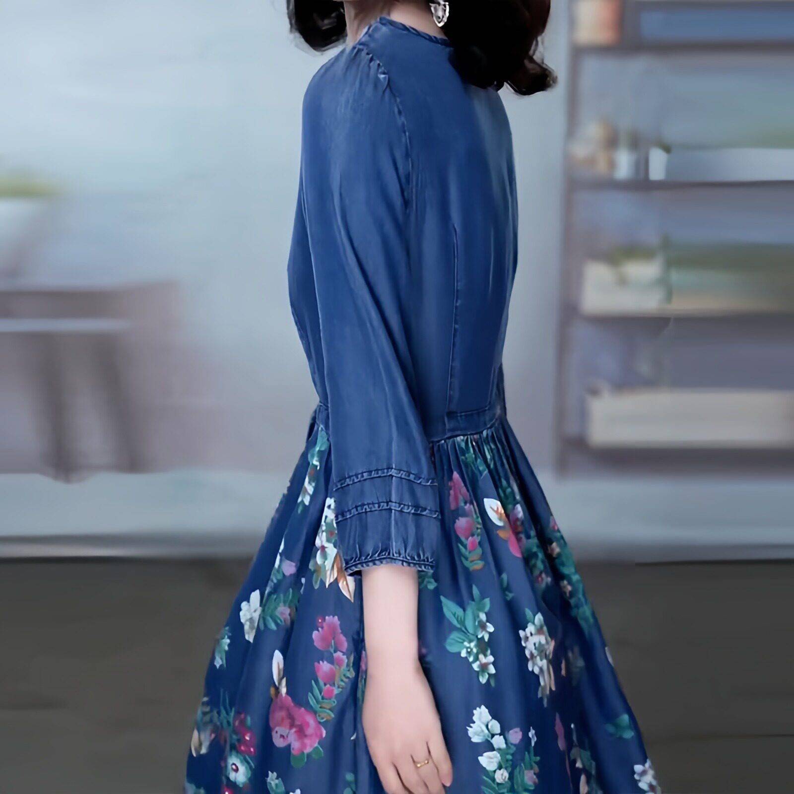好货牛仔时尚碎花连衣裙女2026年秋季新款妈妈气质减龄收腰显瘦长