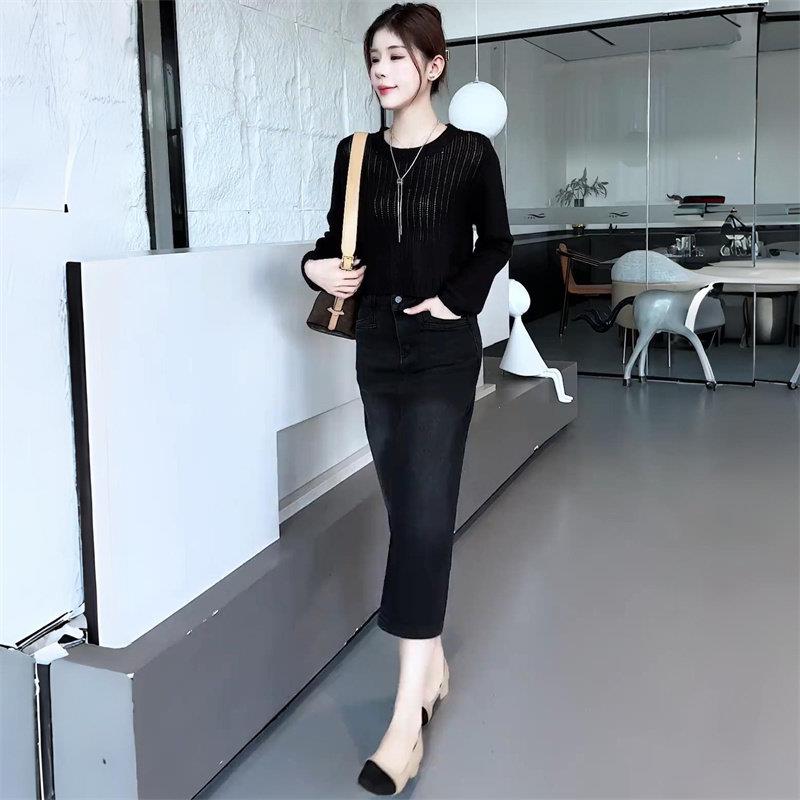 好货时尚牛仔套装裙女士春秋新款洋气显瘦镂空针织衫高腰半身裙两