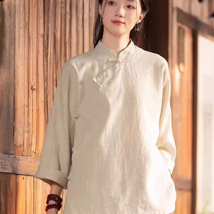 好货禅意茶服女装中式复古斜襟盘扣长袖棉麻两件套装八段锦练功居