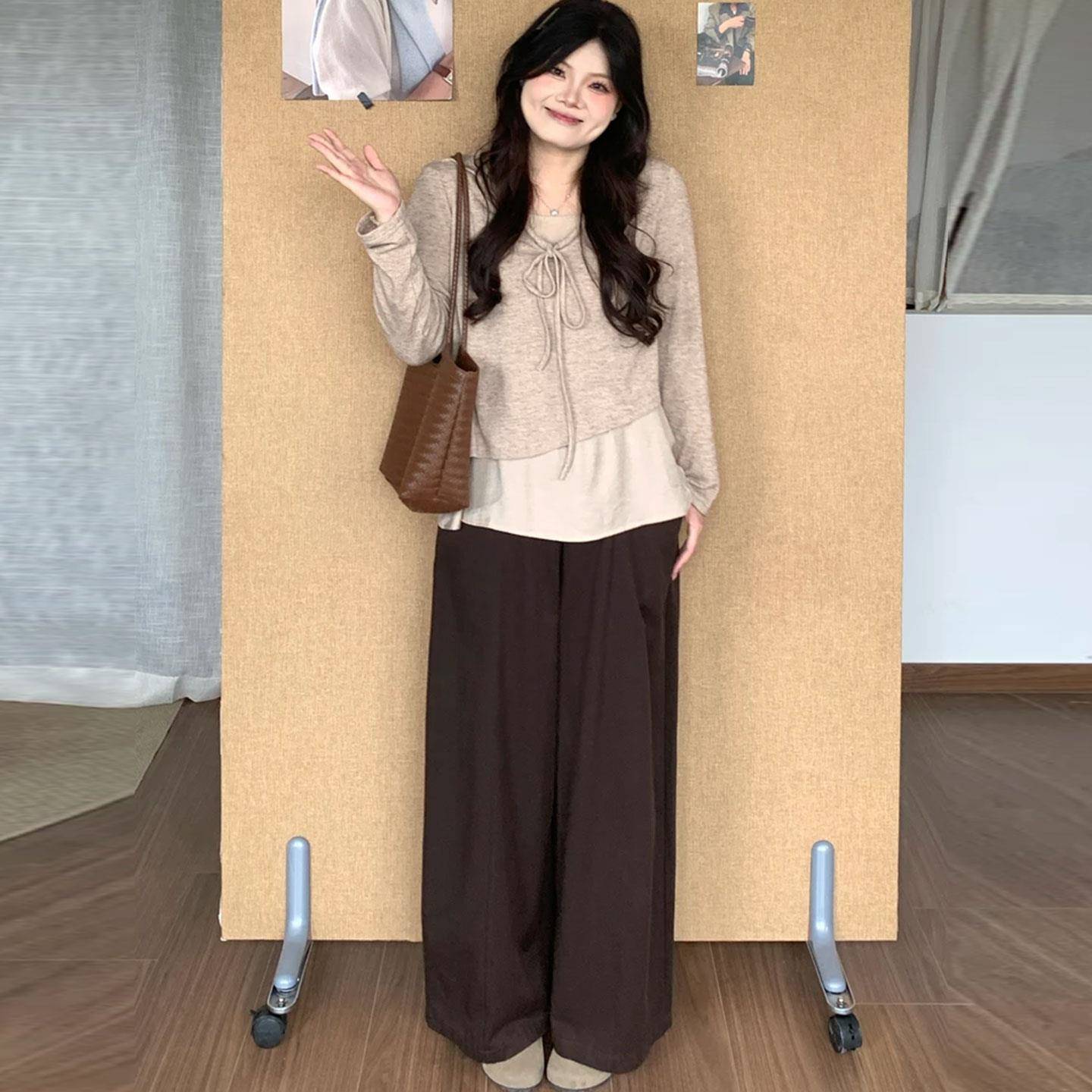 好货大码韩系假两件绑带V领长袖T恤女秋季胖mm遮肉显瘦百搭温柔上