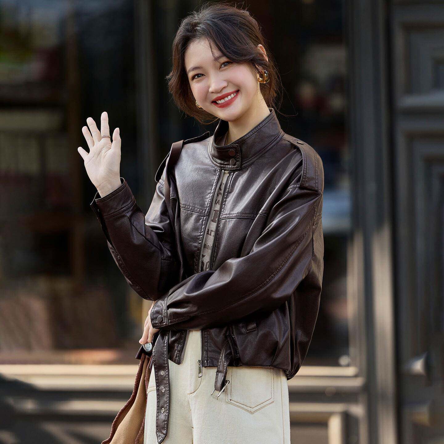 好货机车风立领PU皮衣女短款2026秋新款宽松通勤小个子高级感上衣