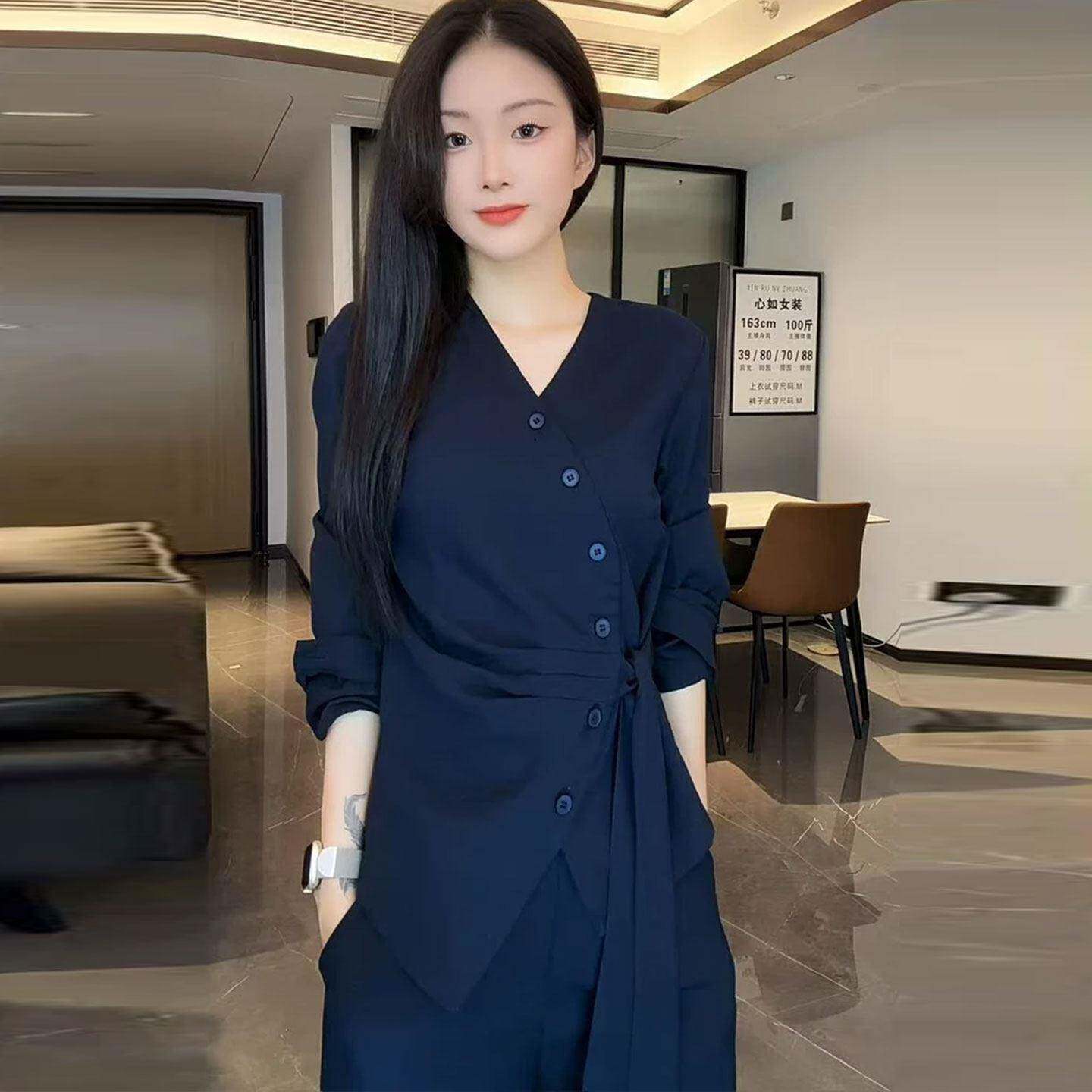 好货大码韩系时尚套装女秋季胖mmV领衬衫阔腿裤显瘦气质洋气两件