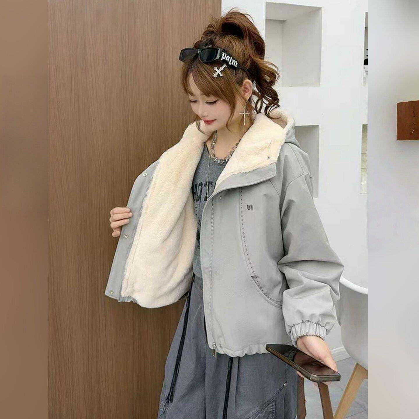 好货时尚减龄chic明线装饰厚实保暖棉服毛毛外套冬季2026新款今年