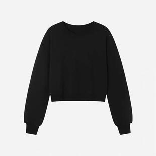 推荐高级感短款黑色圆领卫衣女2025早秋新款韩版宽松无帽套头纯色