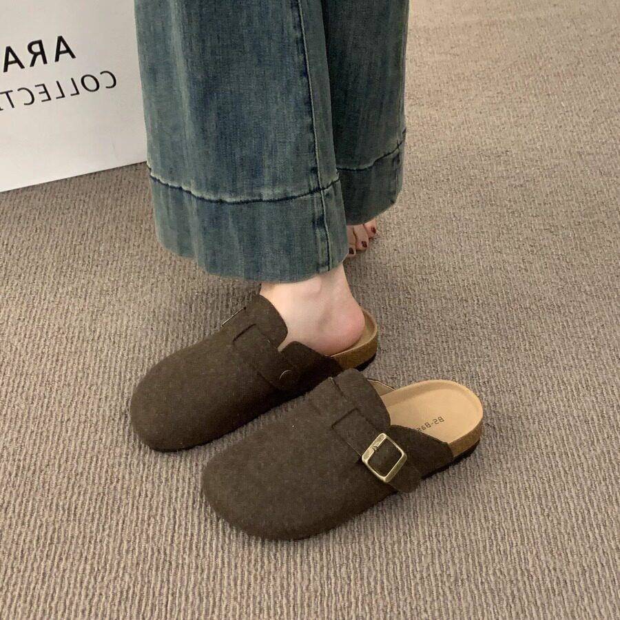 好货复古文艺风休闲厚底包头半拖鞋女外穿一脚蹬乐福鞋红色毛毡博
