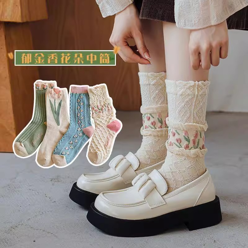 袜子女新款春秋季中筒袜郁金香花