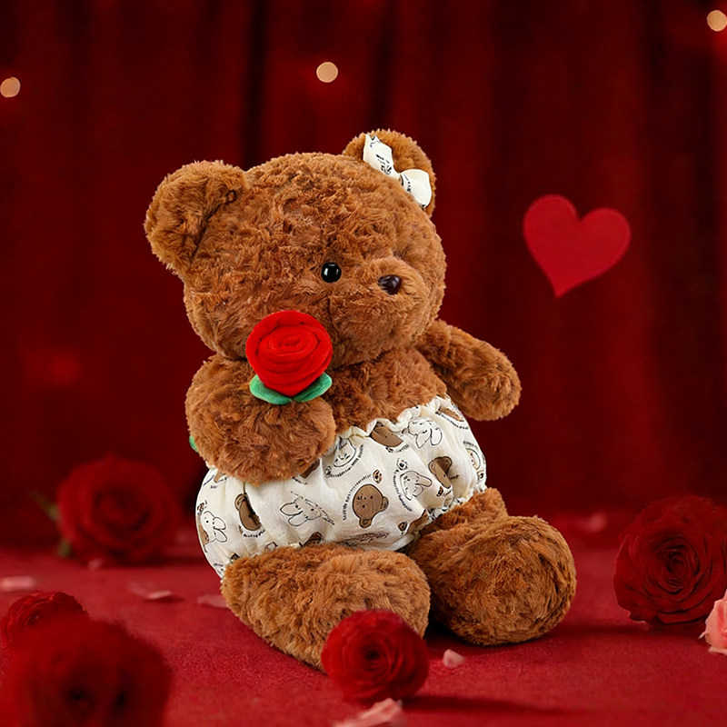 情人节礼物可爱小熊毛绒公仔抱玫瑰花PP棉填充绒布玩偶生日礼物