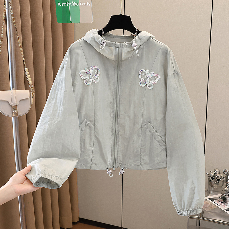 她池连帽外套2025秋装新款女装蝴蝶装饰轻薄拉链宽松款上衣