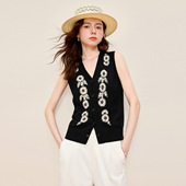 短款 她池V领背心2026春装 叠穿针织上衣 时尚 花朵刺绣修身 新款 女装